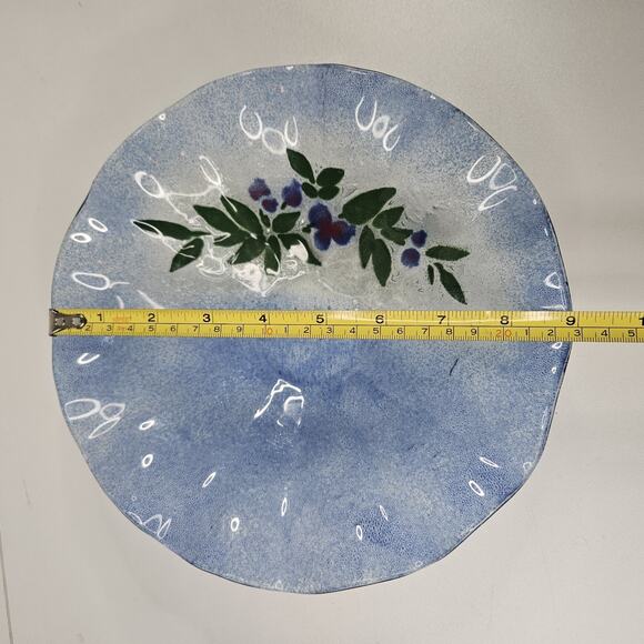 VINTAGE Hand Made Flower Pattern Fused Glass Textured Bowl Dish Ruffled Edge - Picture 7 of 8